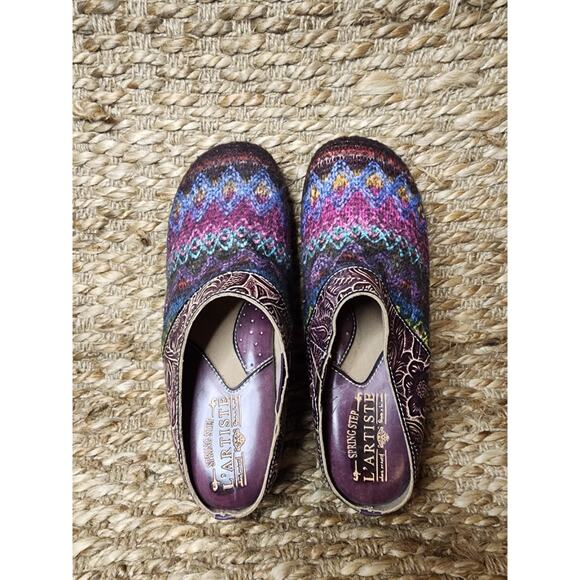 NEW L’Artiste Zigino Camel Multicolored Floral Leather Woven Slip-On Clogs Sz 37 - Picture 9 of 12